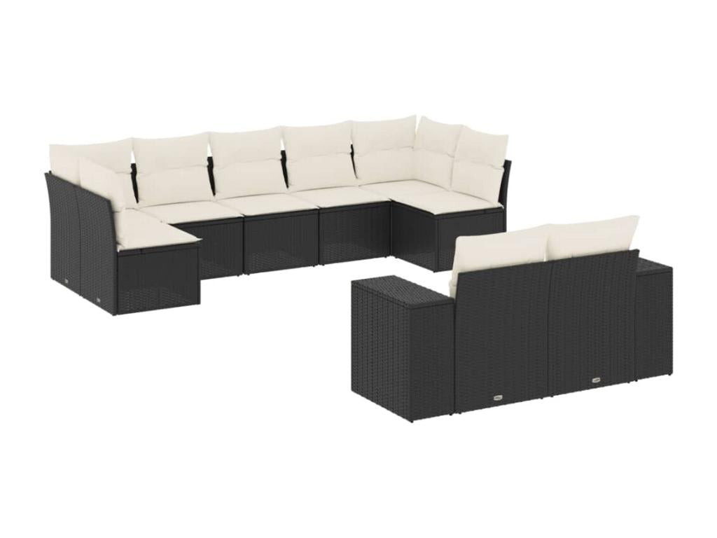 9-piece garden furniture set with cushions, black woven resin YPRQ05995