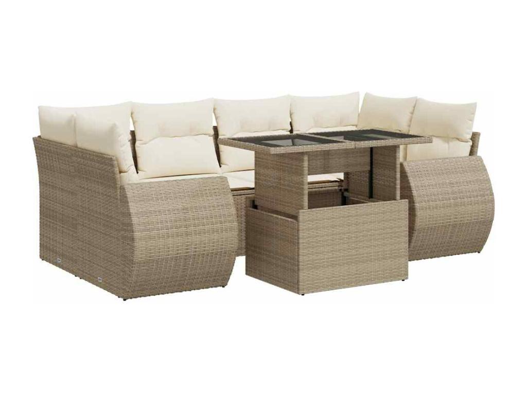 7-piece garden furniture set with cushions, beige woven resin, REAC36718