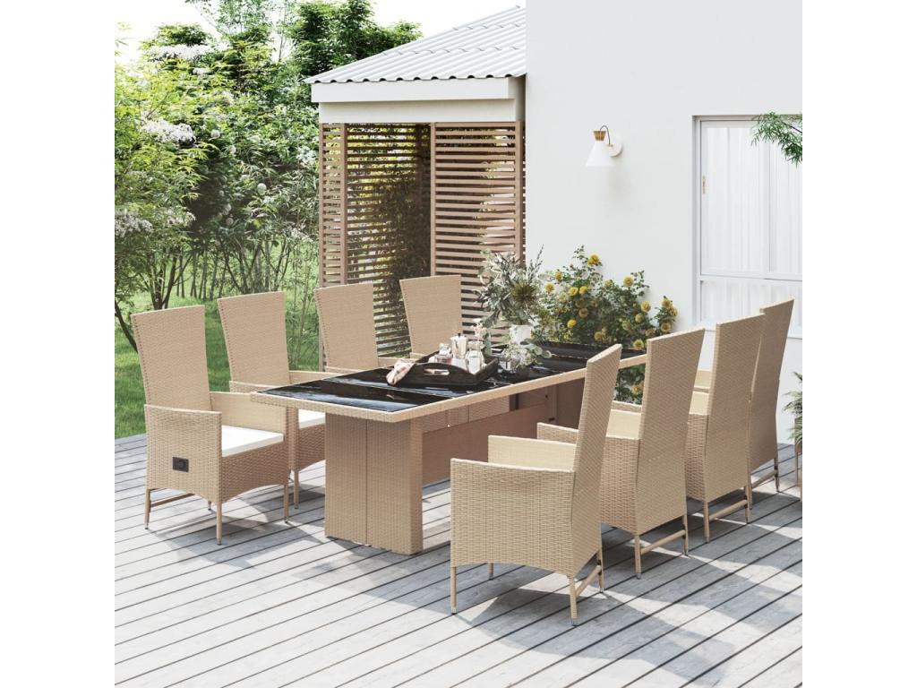9-piece beige poly rattan garden dining set and cushions LZKS38677