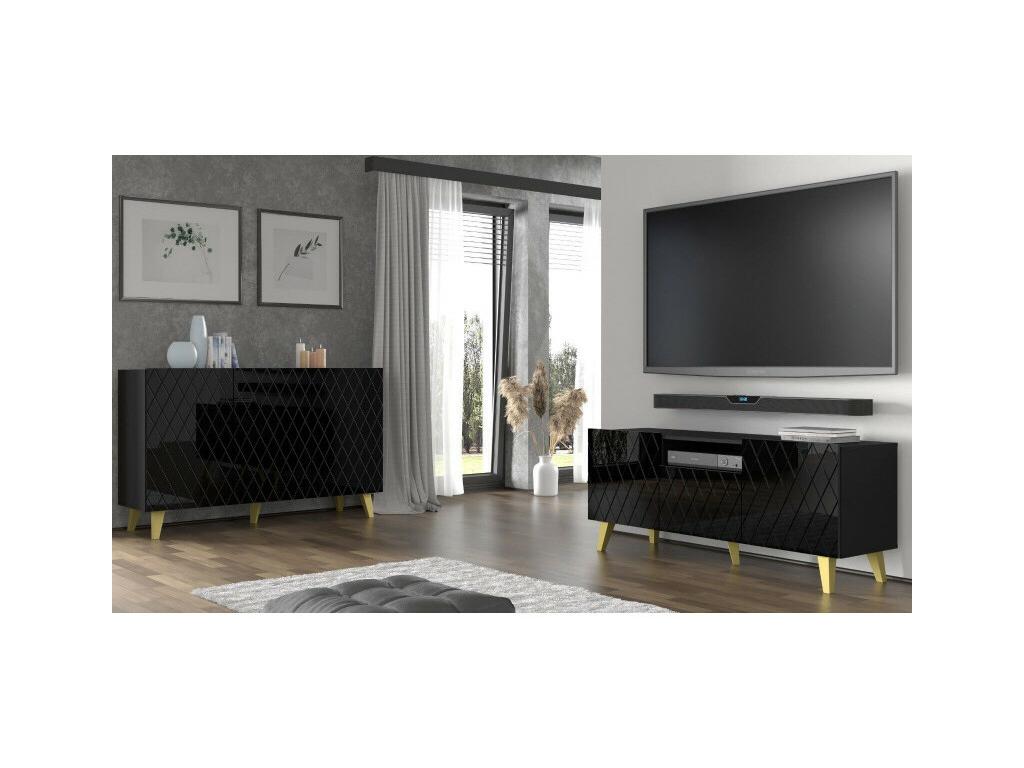 Lysvia TV stand with 3 doors, 1 wooden niche and black legs - Glossy black - W 145 x D 42 x H 62 cm EWAJ74216