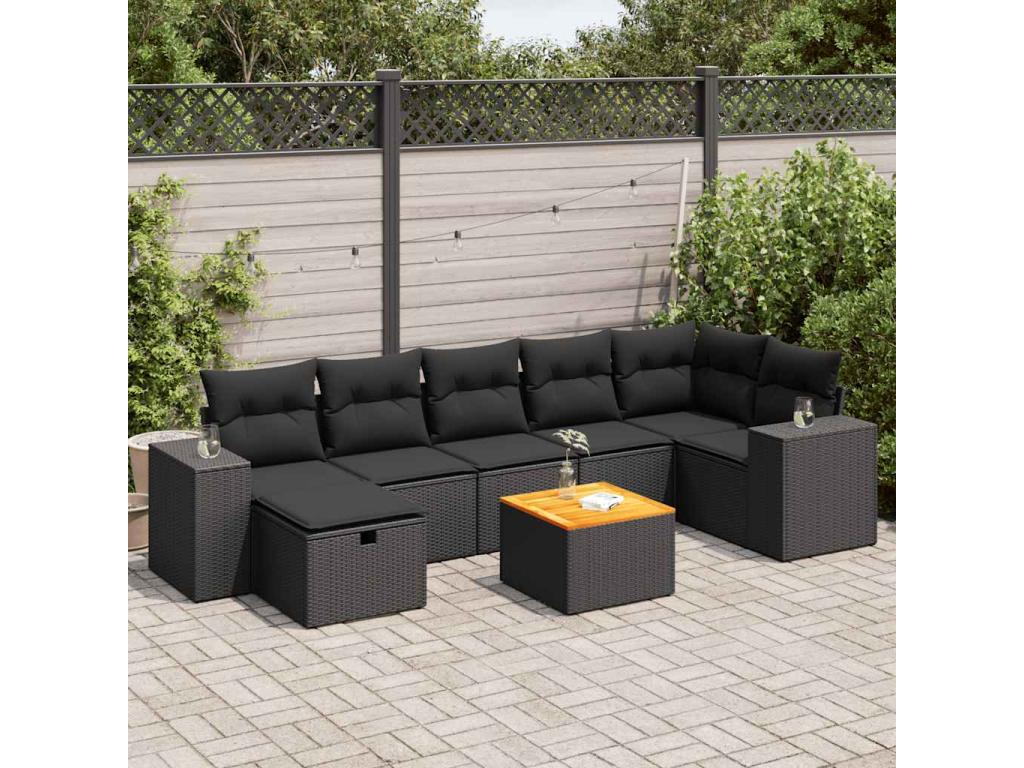 8-piece garden furniture set with cushions, black resin wicker OUPU28243