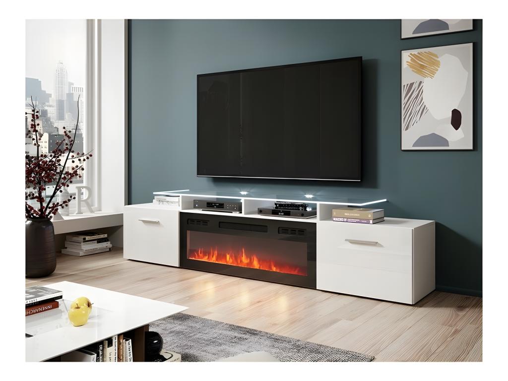 High-gloss white TV stand 190x49x37cm with integrated heating fireplace, Dormeva, freestanding, JMYL52874