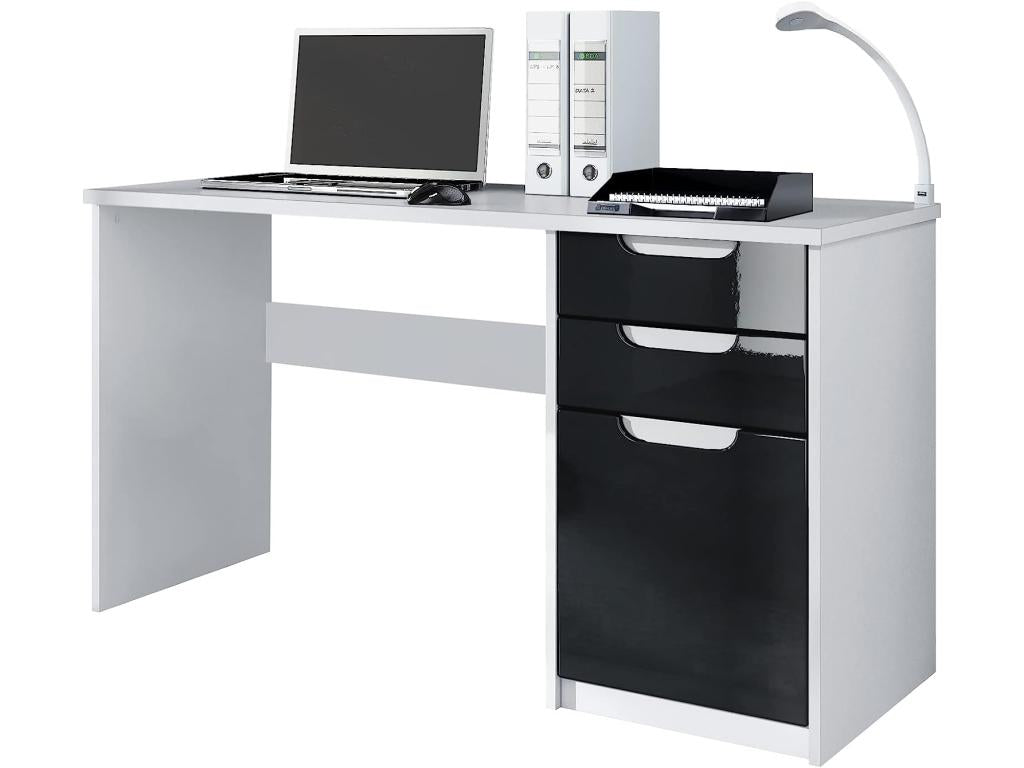 Desk with 2 Drawers and a Door, Matte White and High Gloss Black, 129x76x60 cm, YLIM05549