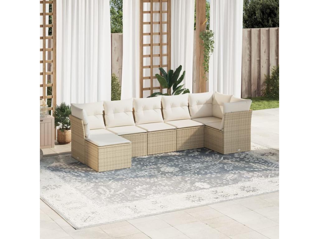 7-piece garden furniture set with cushions, beige woven resin, ONII84498