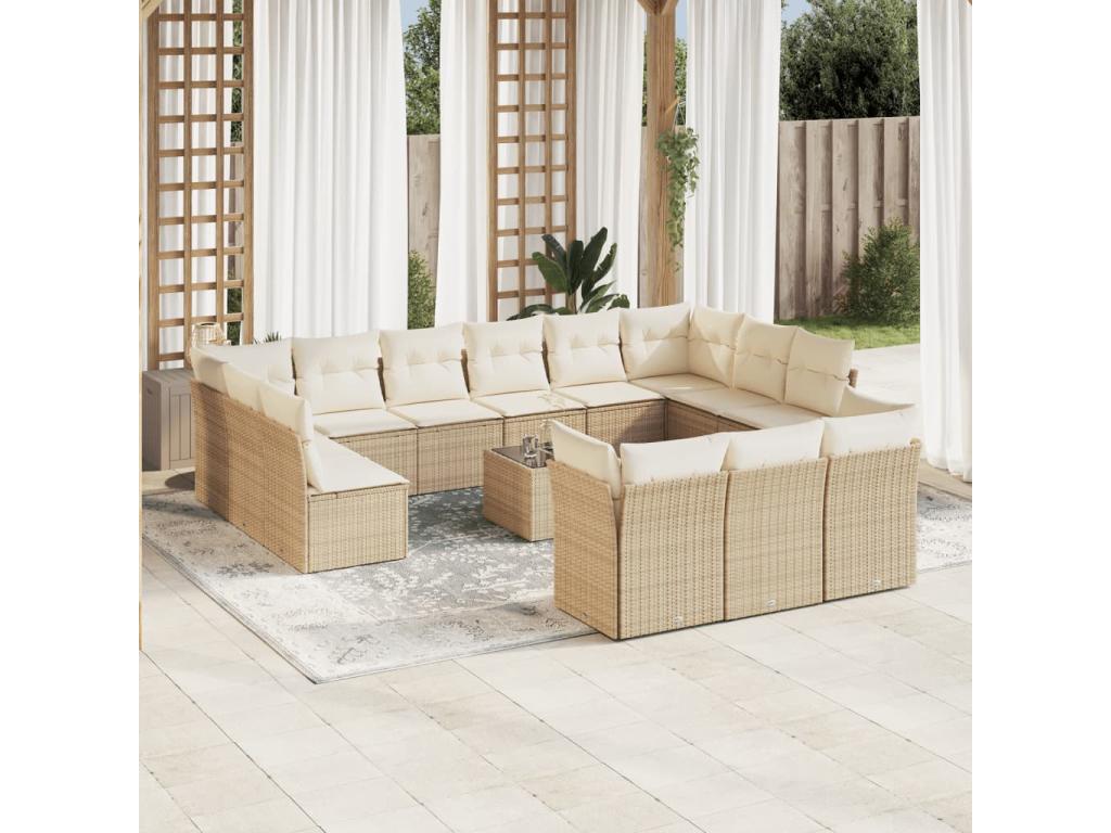 Garden furniture set with cushions, 14 pieces, beige woven resin, VSPD02677