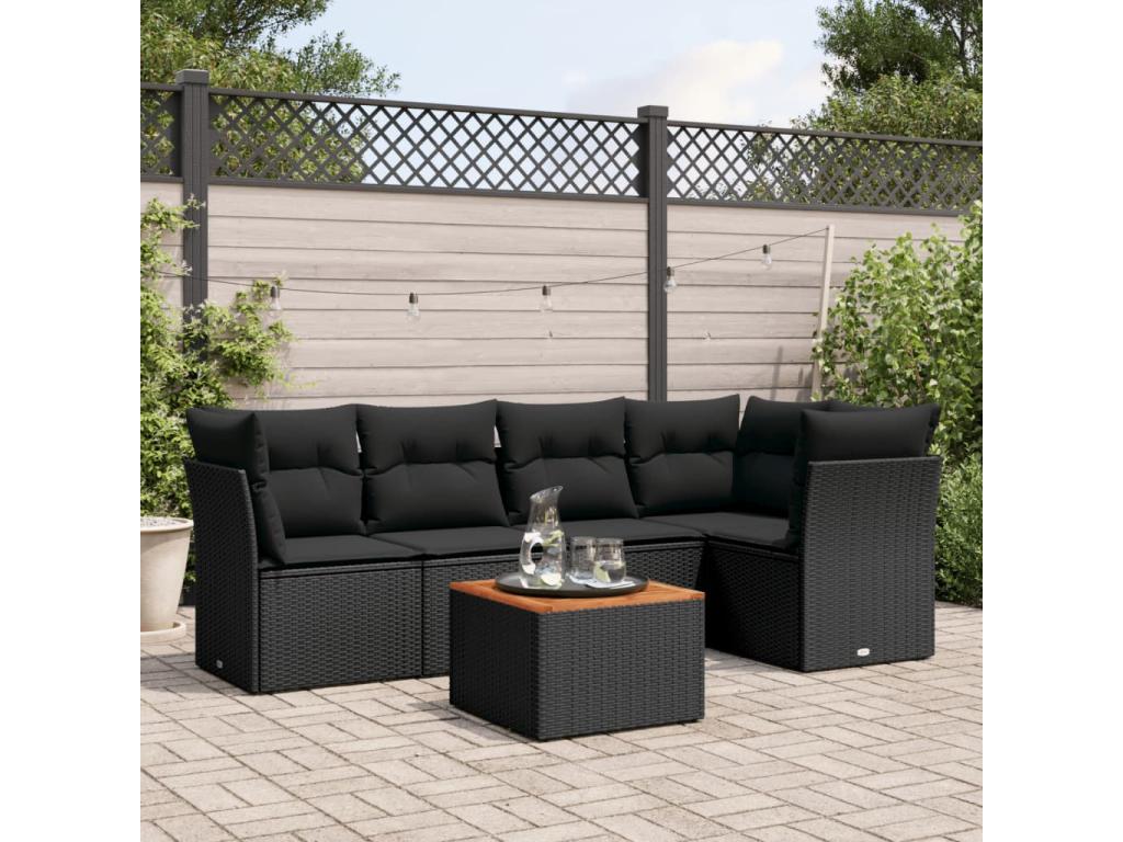 6-piece garden furniture set with cushions, black woven resin RPDP32413