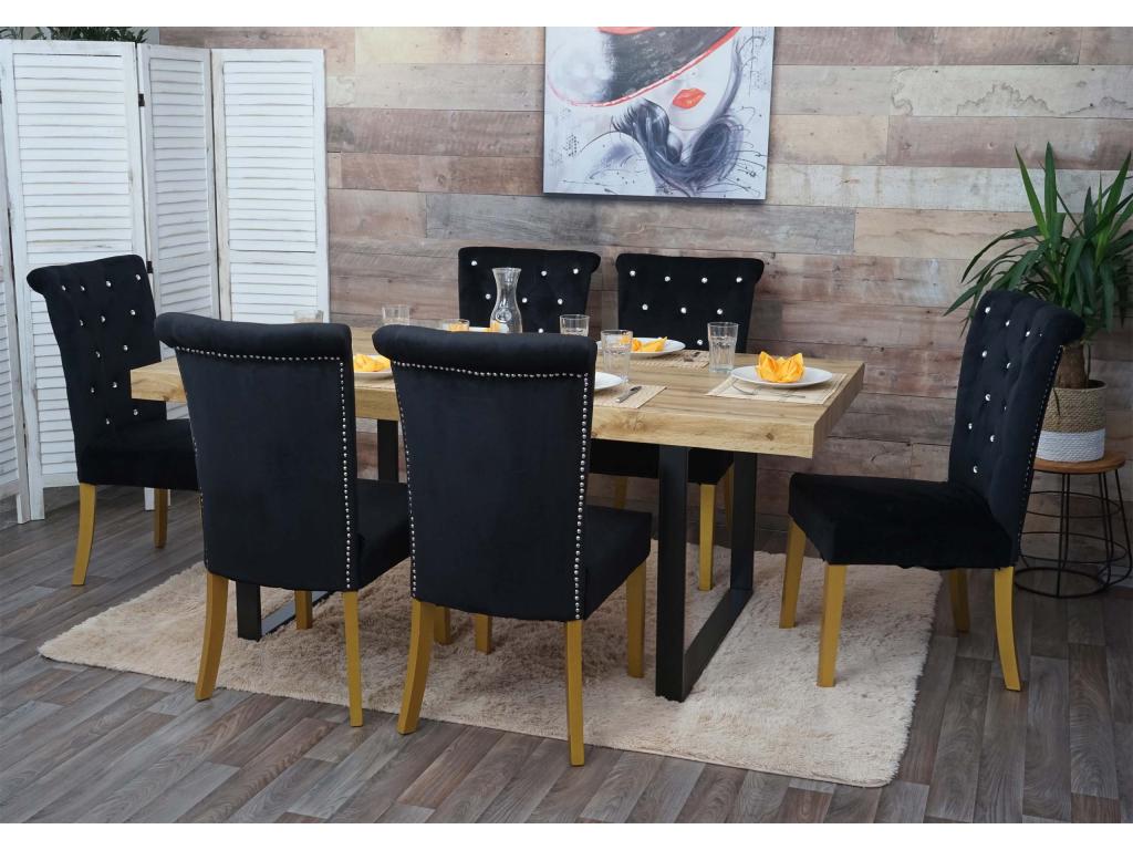 Set of 6 black velvet dining chairs with crystal button decoration and light wood legs 04 0000797 EDUH48722