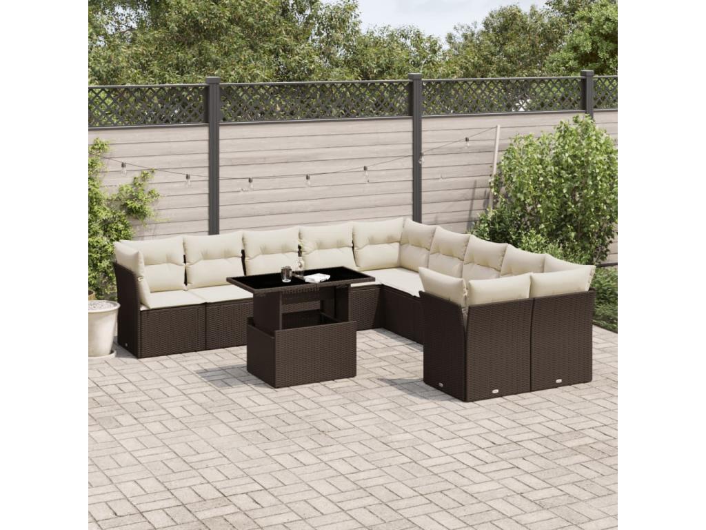 11-piece brown woven resin garden furniture set and cushions XEZN12586