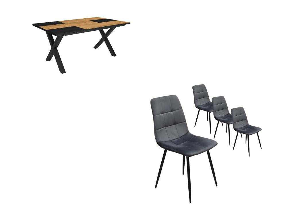 Dining Table Set 170cm Oak and Black Industrial Style Dining Table Set of 4 Dining Chairs Upholstered Chair CLFF07868