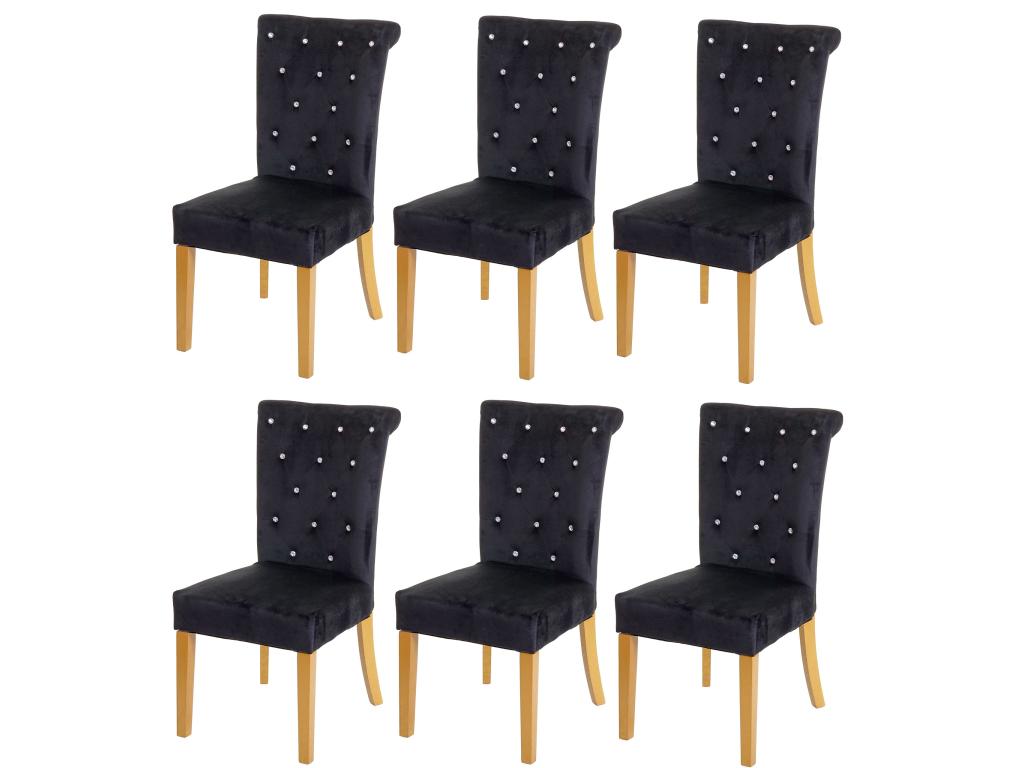 Set of 6 black velvet dining chairs with crystal button decoration and light wood legs 04 0000797 EDUH48722