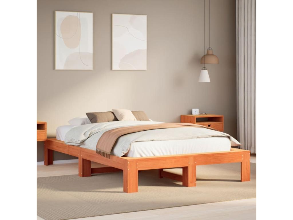 Bed frame without mattress, brown wax finish, 135x190cm, solid pine wood, KPRA55720