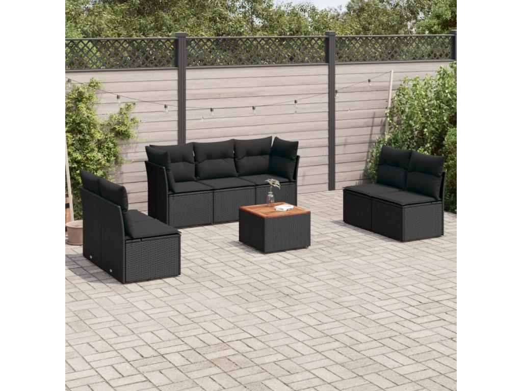 8-piece garden furniture set with cushions, black woven resin, UQSL52335
