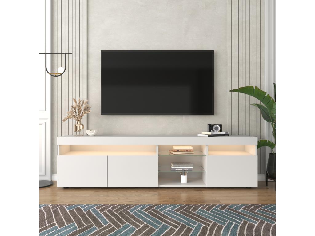 Contemporary TV stand with LED lighting, 3 doors and shelf, white MDF, 180x35x45cm KJFS21782