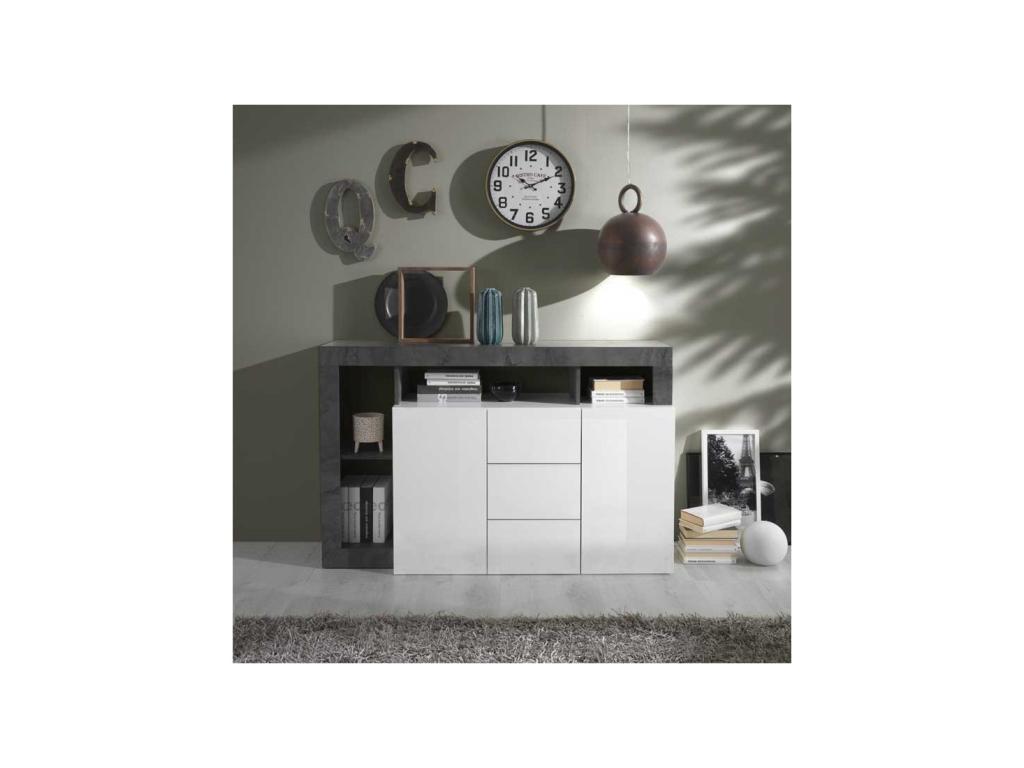 2-Door, 3-Drawer Buffet, Glossy White Lacquer/Dark Polished Concrete - Lysvia JRAW92298