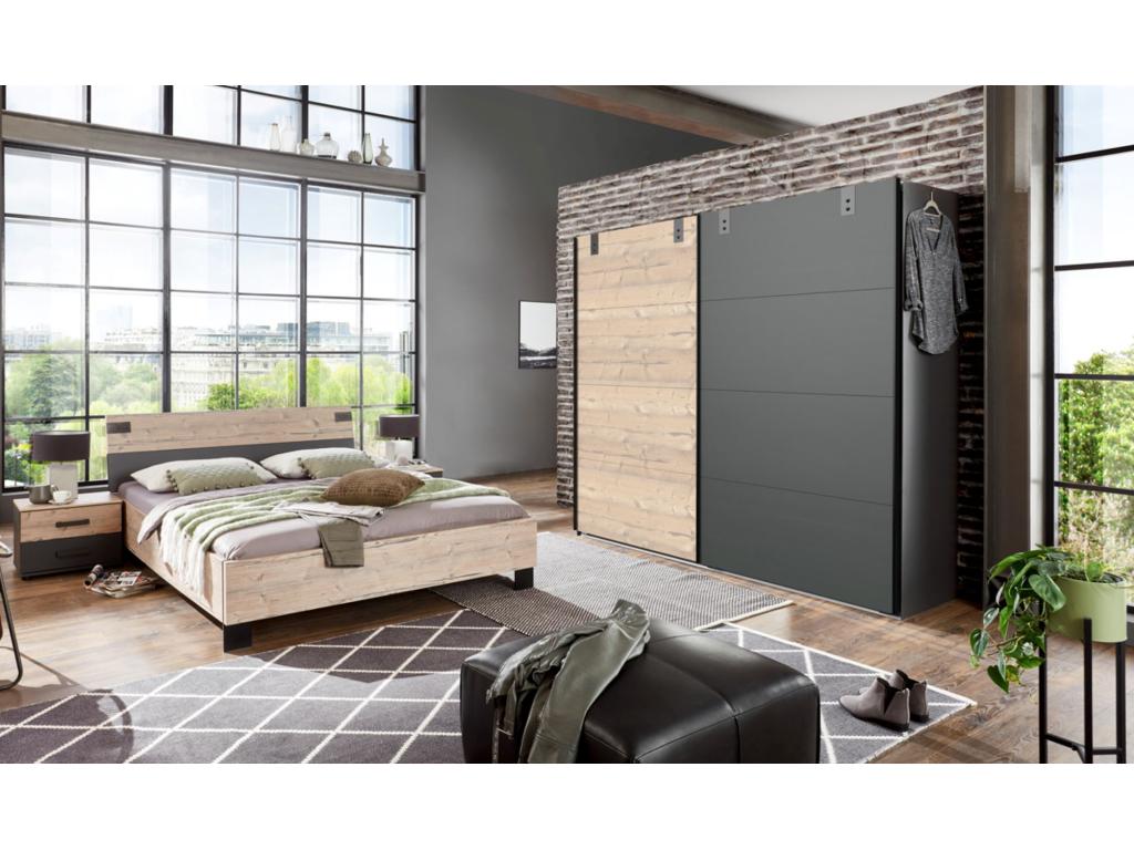 Complete adult bedroom set with 180x200 cm bed, 2 bedside tables, and wardrobe in oak finish JTXE57931