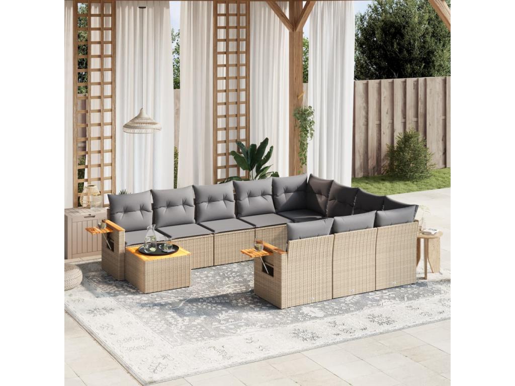 11-piece garden furniture set with beige resin wicker cushions LNEP79733