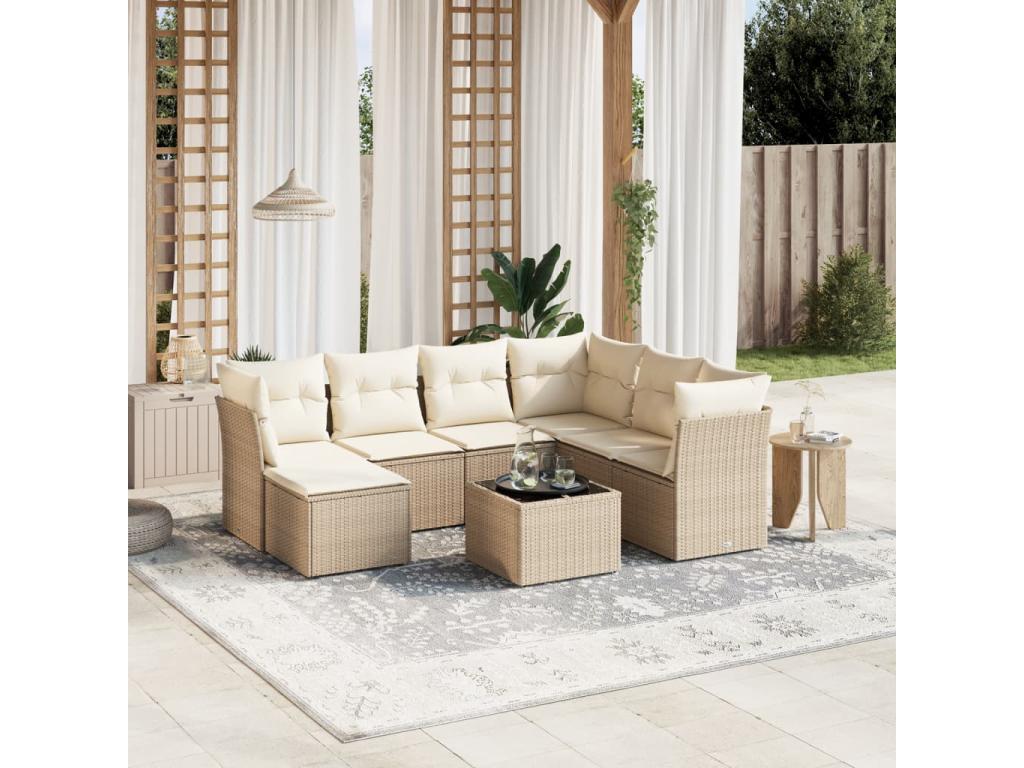 8-piece garden furniture set with cushions, beige woven resin SSVX83076