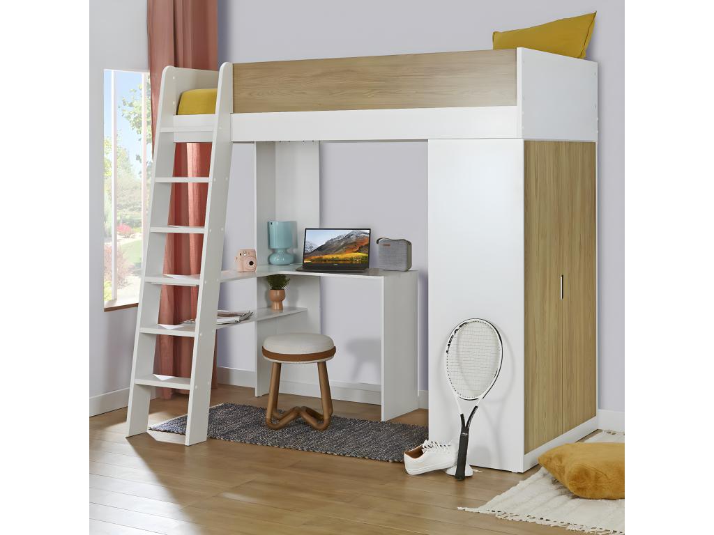 Dormeva LXPU13976 loft bed package with 90x190 cm mattress, white fiberboard and wood finish