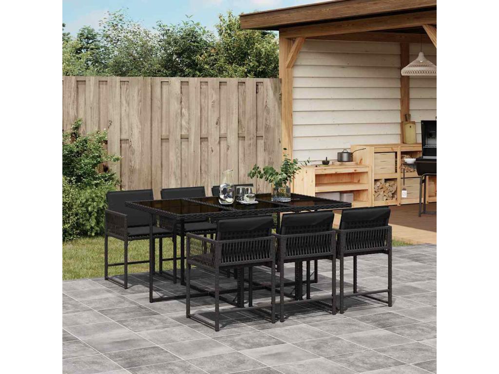 7-Piece Garden Dining Set with Cushions, Black Wicker Resin OITM79720