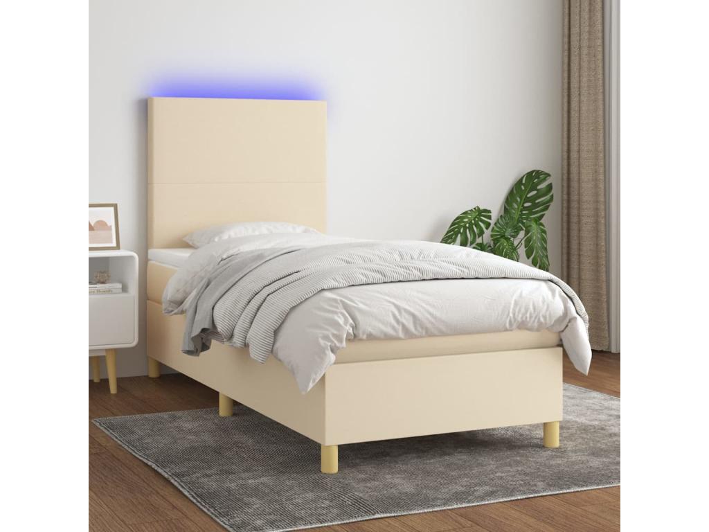 Upholstered bed base with mattress and LED lighting, Cream, 90x190 cm, Fabric NLKN84096