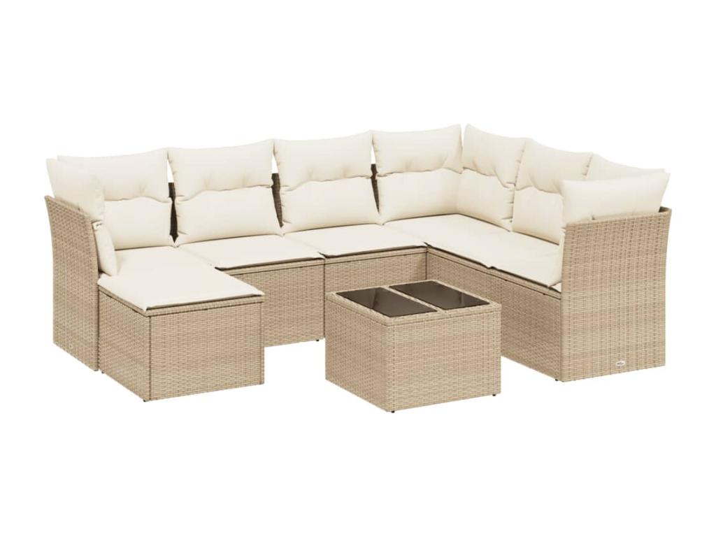 8-piece garden furniture set with cushions, beige woven resin SSVX83076