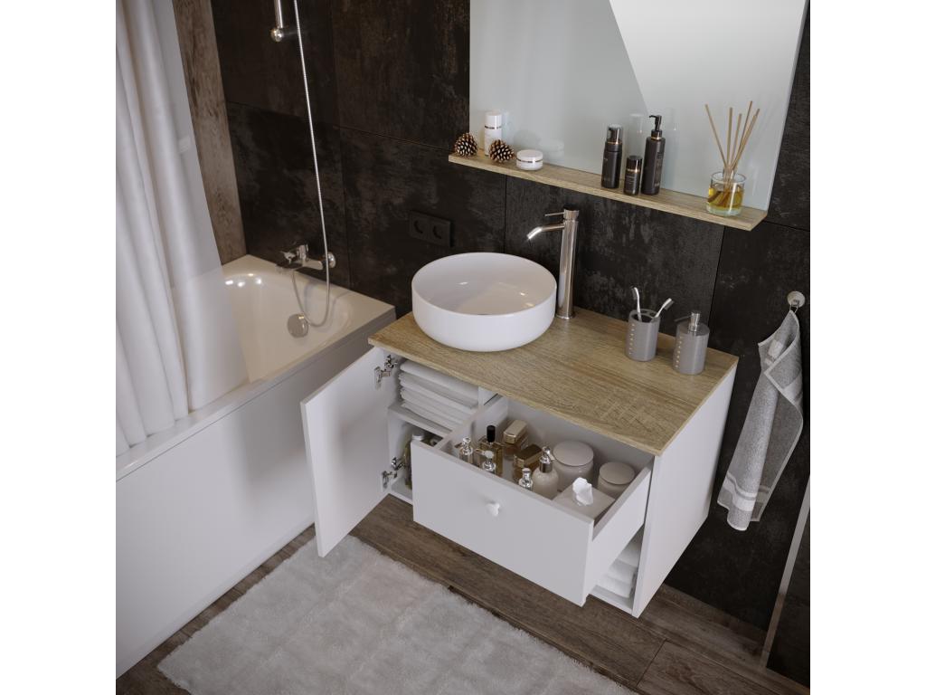 Bathroom cabinet in oak and white melamine - Length 80 x Depth 46 x Height 63 cm PLZU37754