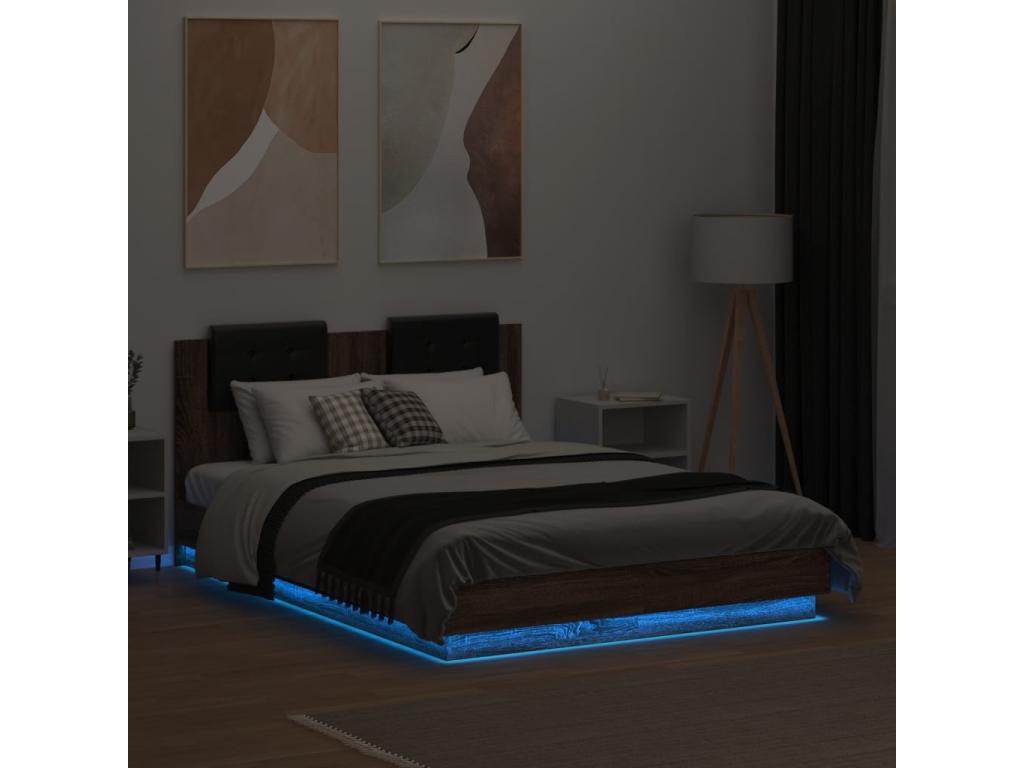 Bed frame, headboard and LED lighting, brown oak, 120x190 cm, EBVX93996