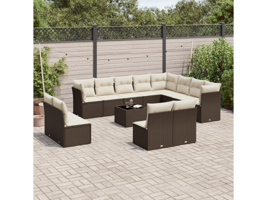 13-piece garden furniture set with cushions, brown woven resin WLJN70784