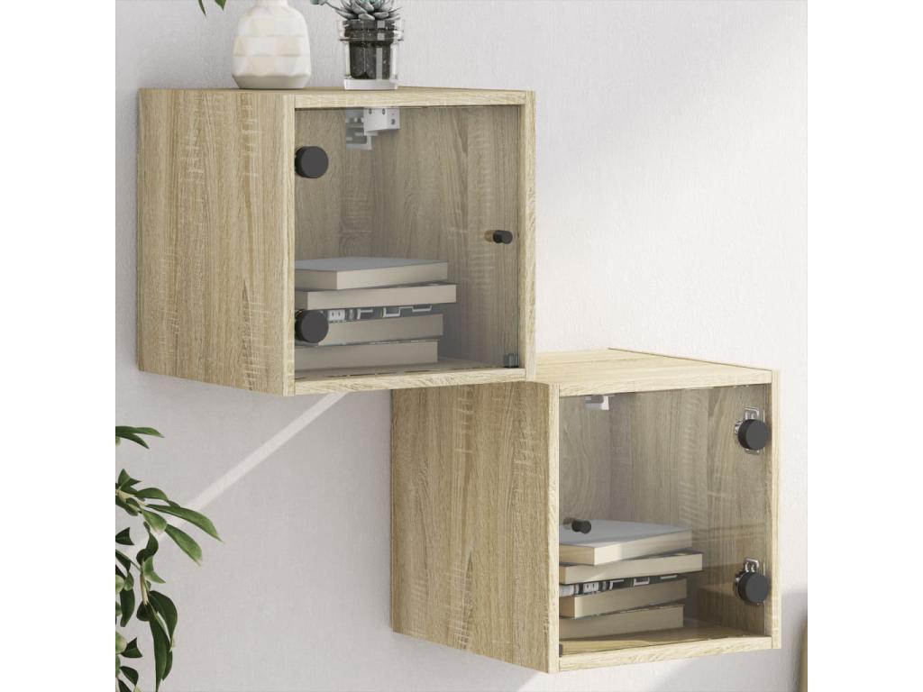 Lysvia 2-piece bedside tables and glass doors in oak, 35x37x35cm XHCO91044