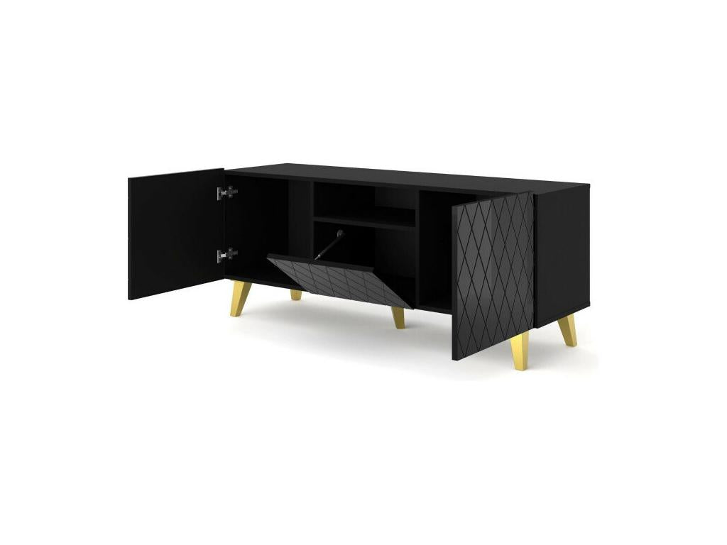 Lysvia TV stand with 3 doors, 1 wooden niche and black legs - Glossy black - W 145 x D 42 x H 62 cm EWAJ74216