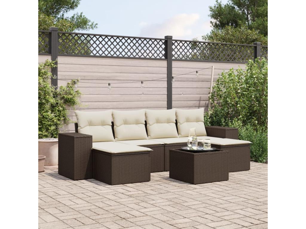 Garden furniture set with cushions, 7 pieces, brown woven resin, RSCU02770