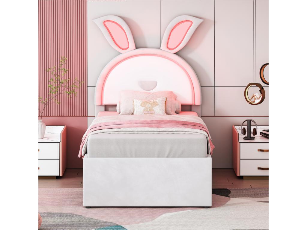 Trundle bed 90x200 90x190cm children's bed upholstered in velvet fabric with storage drawer, LED headboard with rabbit ears, beige OZVH76906