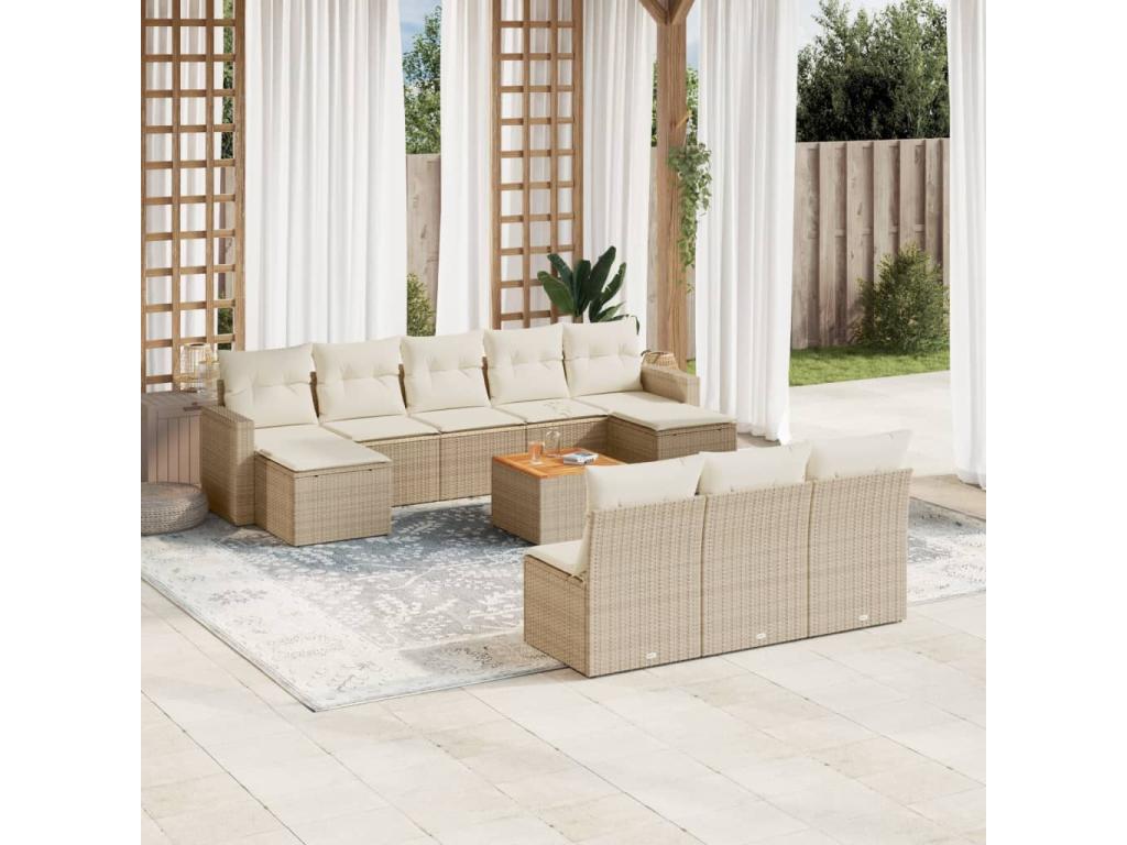 11-piece garden furniture set with beige resin wicker cushions EFXV07670