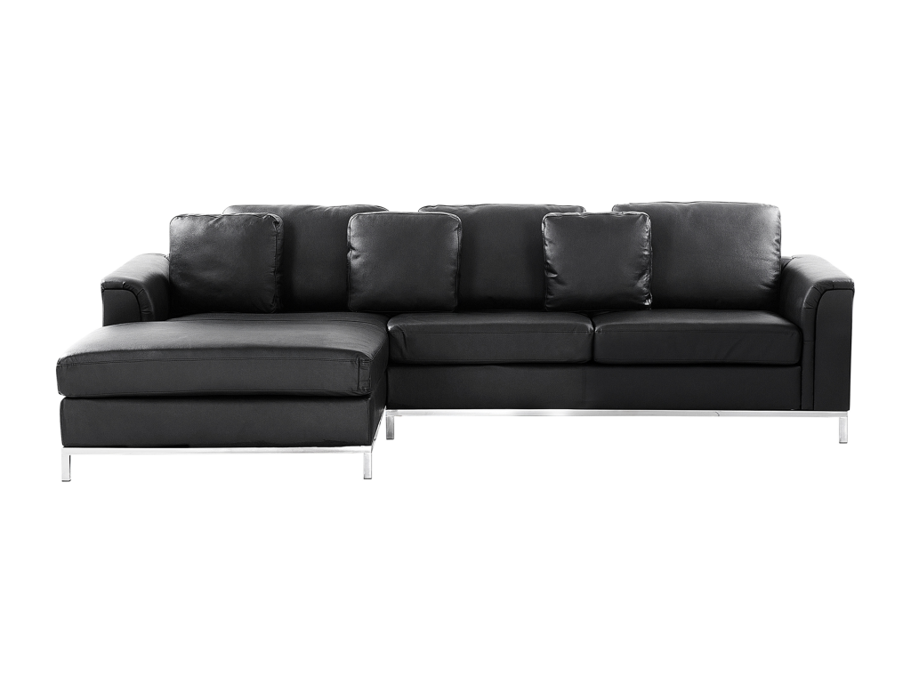 Left-hand corner sofa in genuine black leather with quilted backrest and removable covers, Lysvia LSXS35744