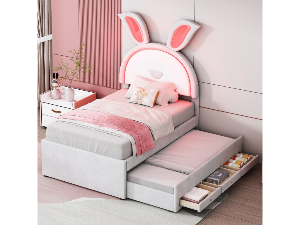 Trundle bed 90x200 90x190cm children's bed upholstered in velvet fabric with storage drawer, LED headboard with rabbit ears, beige OZVH76906