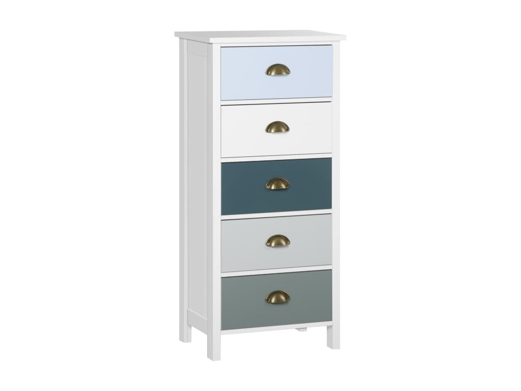 Neo-retro style chest of drawers with 5 drawers, shell handles, white, blue, and grey MDF OYHQ87891