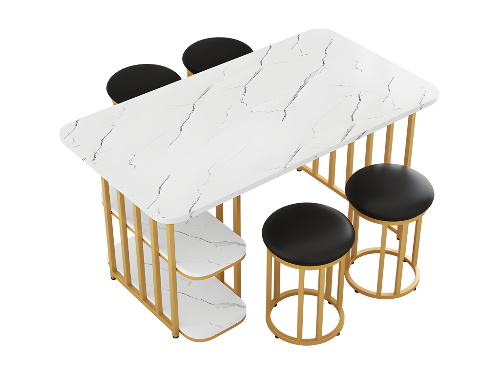 Dining table and 4 chairs set - rectangular table with storage 140x80x75cm - metal frame - White / Natural KJDZ15680