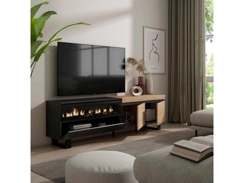 TV Stand/Bench 200x57x35cm For TVs up to 80" Electric Fireplace Industrial Design Oak and Black TXQF34212