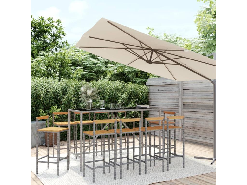 Lysvia 11-Piece Grey Poly Rattan/Solid Wood Garden Bar Set JHQZ94896
