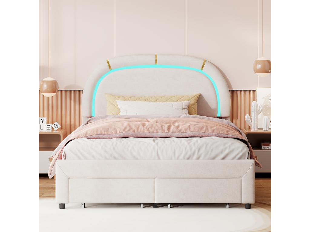 Double bed 140x200cm - bed frame with 2 drawers, slatted base by Dormeva and LED headboard - in beige flannel fabric QKHL67178