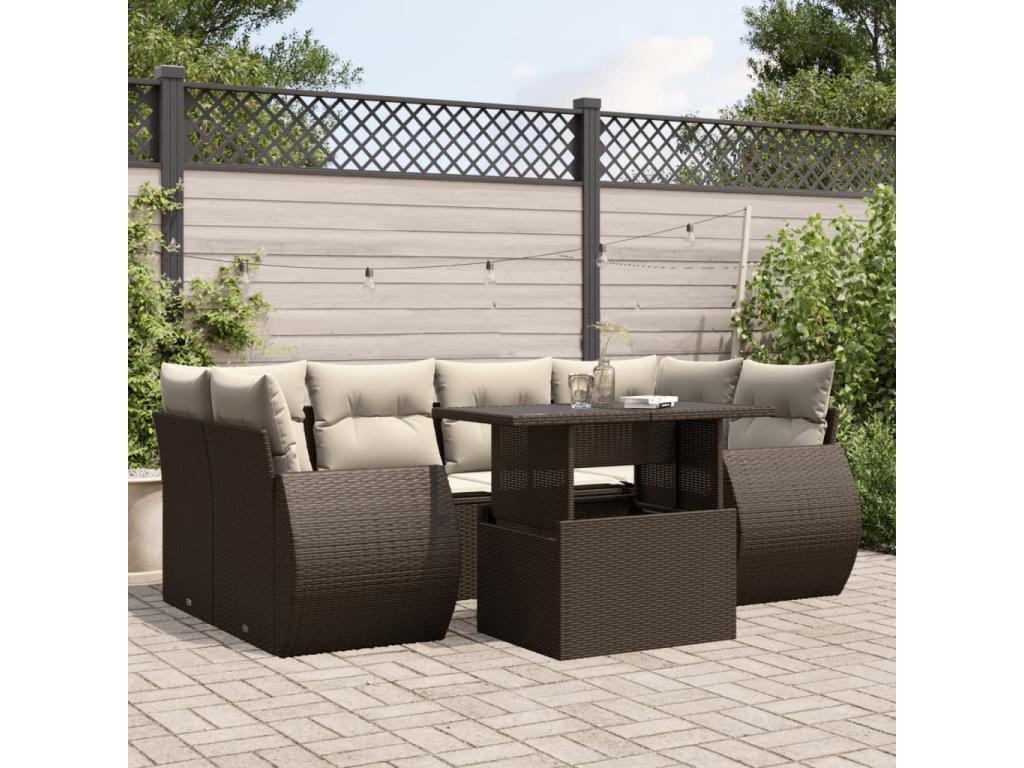 7-piece garden furniture set with cushions, brown woven resin WVGK77929