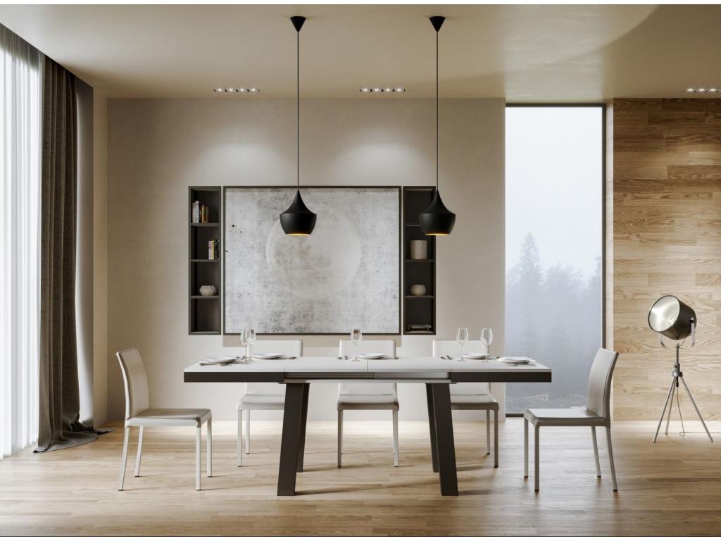 Extendable table for 6 to 10 people, L 120 to 224cm, white with anthracite metal frame, Lysvia LVDC57928