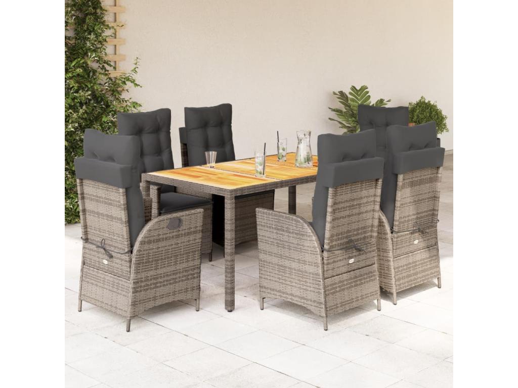7-piece garden dining set and cushions, grey rattan NQNZ67273