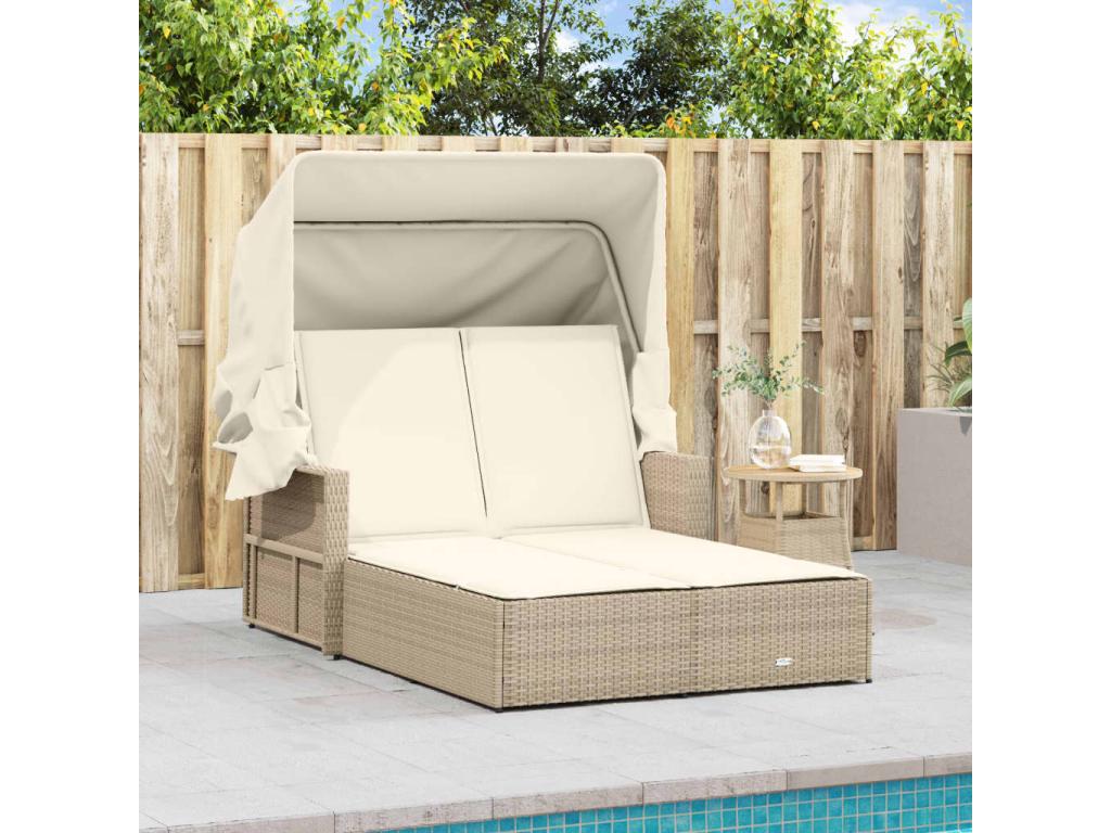 Double chaise longue with canopy and beige poly rattan cushions TGUS04809
