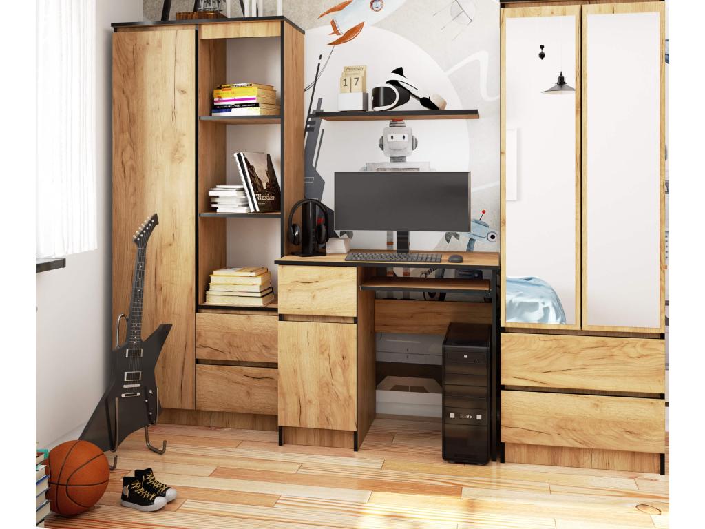Dormeva Left-Handed Computer Desk, Craft Oak, 90 cm, 1 Door, 1 Drawer, Craft Oak Front, 3 Shelves, 90x50x77 cm, RTLJ19612