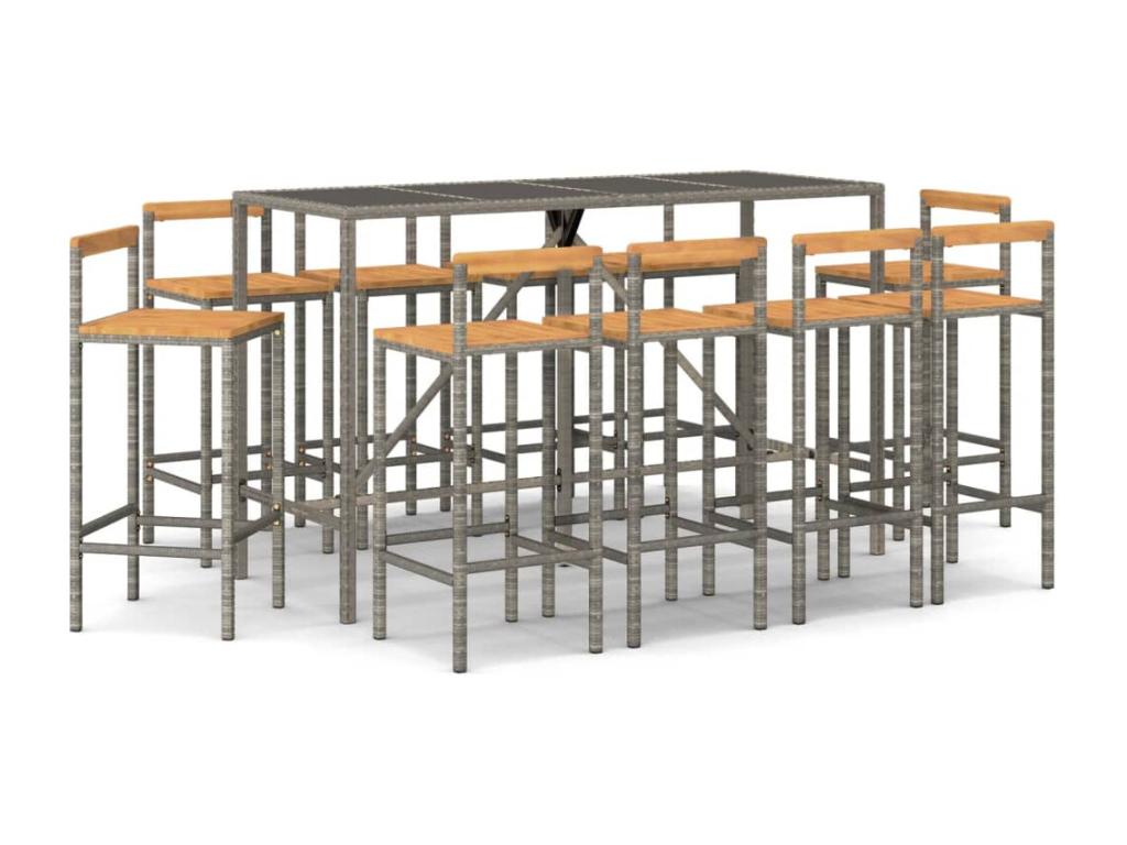 Lysvia 11-Piece Grey Poly Rattan/Solid Wood Garden Bar Set JHQZ94896