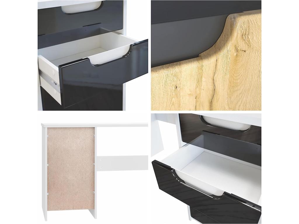 Desk with 2 Drawers and a Door, Matte White and High Gloss Black, 129x76x60 cm, YLIM05549