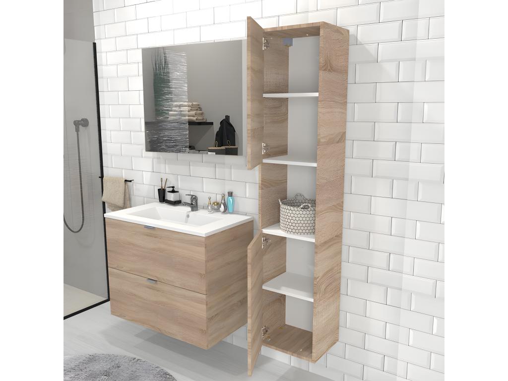Dormeva 80cm vanity unit with sink, mirror, and column / Whitewashed Oak finish STHG41713