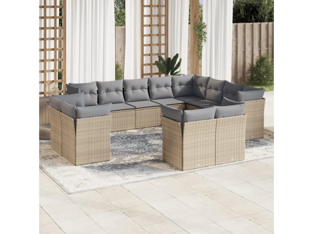 12-piece beige woven resin garden furniture set with cushions CAQS55693
