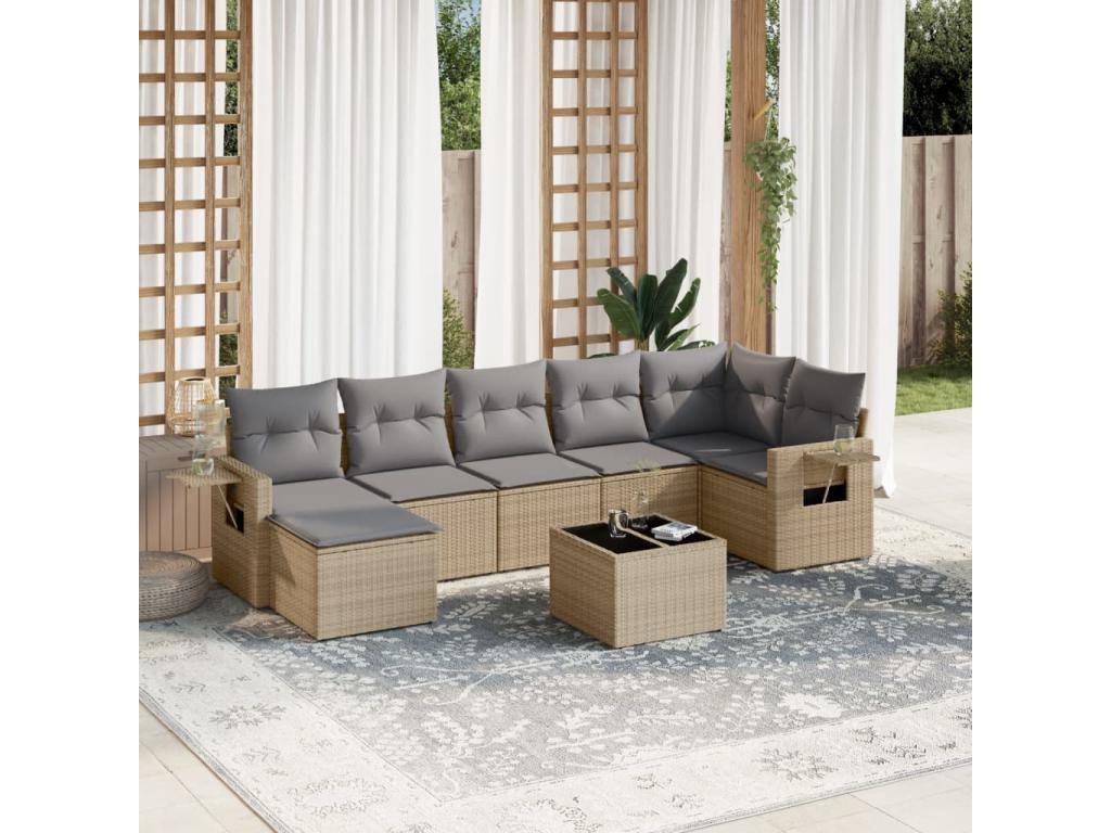8-piece garden furniture set with cushions, beige woven resin LQWH01908